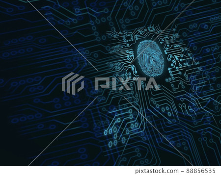 Illustration of a fingerprint surrounded by a microchip pattern. Illustration of a fingerprint surrounded by a microchip pattern. 88856535