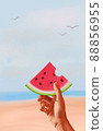 Illustration of a hand holding a slice of juicy red watermelon on a sandy sea shore. 88856955