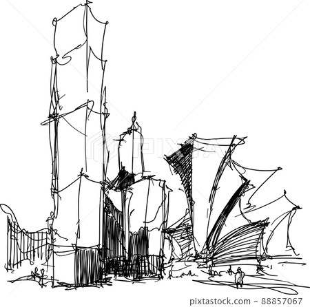 hand drawn architectural sketch of a modern abstract architecture hand drawn architectural sketch of a modern abstract architecture 88857067