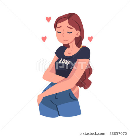 Self Love with Woman Character Admiring Herself Delighted with Her Appearance Hugging with Heart Around Vector Illustration 88857070