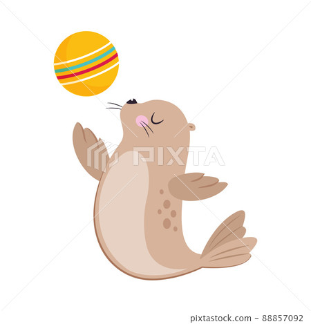 Cute Seal with Beige Fur and Fins Playing Ball Vector Illustration 88857092