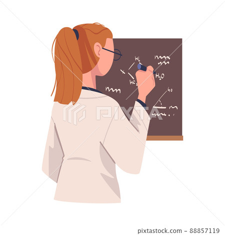 Woman Scientist Character in White Coat Writing Formula on Blackboard Vector Illustration Woman Scientist Character in White Coat Writing Formula on Blackboard Vector Illustration 88857119