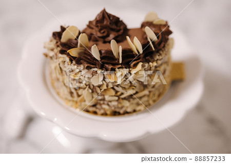 Hulf of chocolate bento cake. Presentation cake on Easter bunny stand. Cake in section 88857233