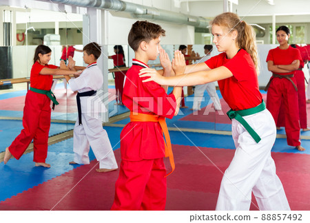 Boys and girls exercising karate moves on group training Boys and girls exercising karate moves on group training 88857492