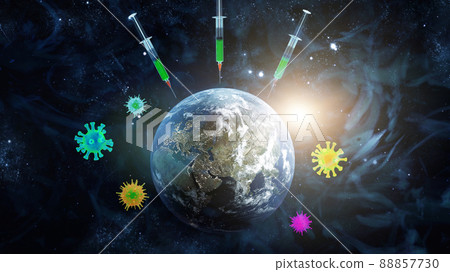 Medical syringe with a needle vaccinated the planet Earth. 3D rendering. Elements of this image furnished by NASA. 88857730