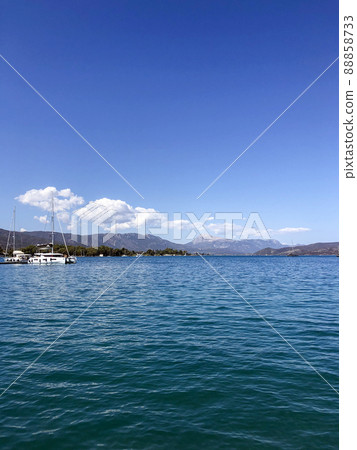 Summer Travel Vacation. View On Beautiful Beach On Greece Shore. Summer Travel Vacation. View On Beautiful Beach On Greece Shore. 88858733