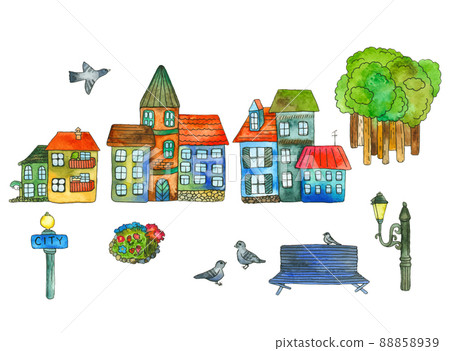 Vector watercolor illustration of Houses in a small town Vector watercolor illustration of Houses in a small town 88858939
