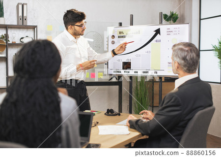 Team of diverse attentive mixed race business people listening their middle aged male indian chief Team of diverse attentive mixed race business people listening their middle aged male indian chief 88860156