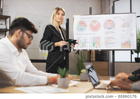 Beautiful confident businesswoman lady, showing her financial ad sales report on big digital screen 88860176