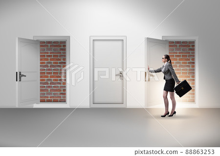 Businesswoman facing no exit with brick door Businesswoman facing no exit with brick door 88863253