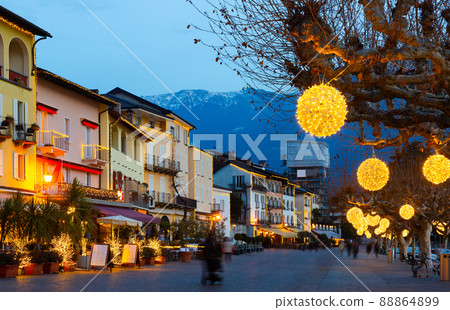Evening view of Ascona old center, Switzerland Evening view of Ascona old center, Switzerland 88864899