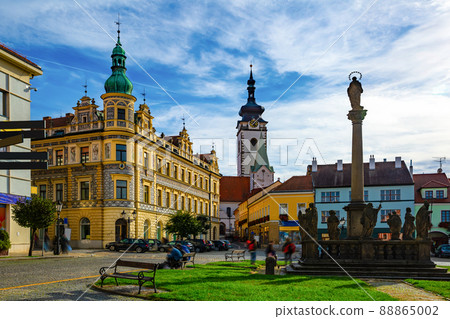 Typical narrow streets of czech city of Pisek in sunny autumn day.  88865002
