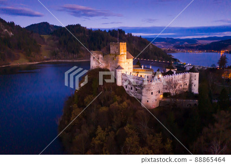 Aerial view of Niedzica Castle at twilight, Poland 88865464