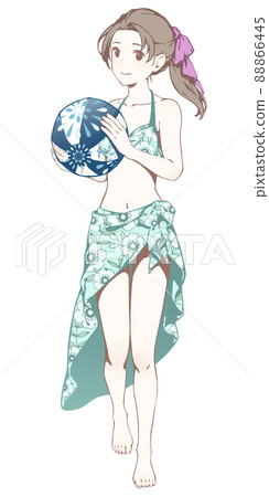 一個穿著泳裝的女人拿著沙灘球（微笑） 88866445