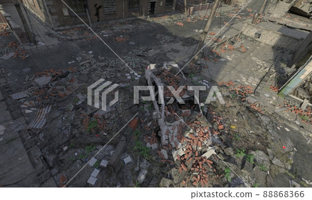 Post apocalyptic cityscape 3d illustration top view 88868366