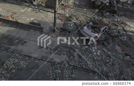 Post apocalyptic cityscape 3d illustration top view Post apocalyptic cityscape 3d illustration top view 88868374