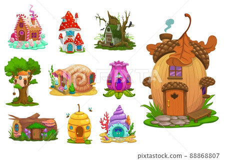 Cartoon fairytale fantasy houses and dwellings of dwarfs or gnomes, vector funny huts. Kids fairy tale mushroom and flower, beehive or acorn, caramel, snail and log, shell house Cartoon fairytale fantasy houses and dwellings of dwarfs or gnomes, vector funny huts. Kids fairy tale mushroom and flower, beehive or acorn, caramel, snail and log, shell house 88868807
