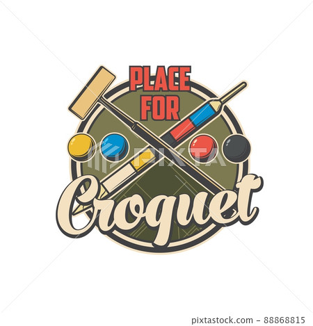 Croquet retro icon with mallet, peg and balls. Sport team competition emblem, croquet club match vector label or round sticker. Croquet sport professional league team retro symbol Croquet retro icon with mallet, peg and balls. Sport team competition emblem, croquet club match vector label or round sticker. Croquet sport professional league team retro symbol 88868815