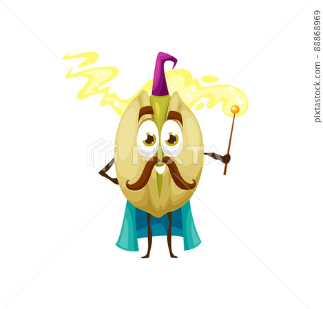 Cartoon pistachio wizard character. Fairytale nut, comic pistachio personage with hat and cape. Happy smiling magician nut character, vector funny magic mascot casting spell with magic wand 88868969
