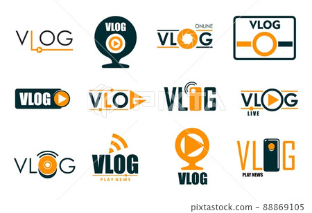 Vlog icons, TV broadcast live stream and online video blog, vector symbols. Blogger or vlogger video channel and social media stream web app icons with player buttons for online live video channel Vlog icons, TV broadcast live stream and online video blog, vector symbols. Blogger or vlogger video channel and social media stream web app icons with player buttons for online live video channel 88869105