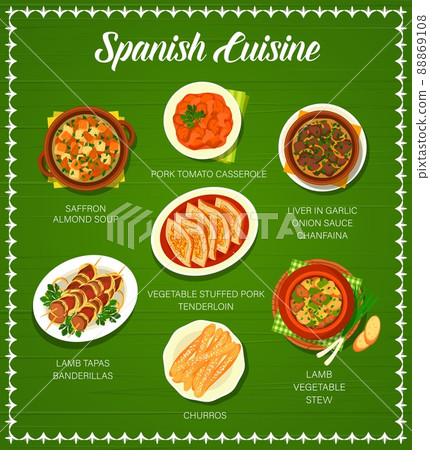 Spanish cuisine menu vector cover, restaurant dishes and dinner meals. Spanish bar traditional food menu of tapas from lamb banderillas, churros pastry, lamb vegetable stew ans pork tomato casserole 88869108