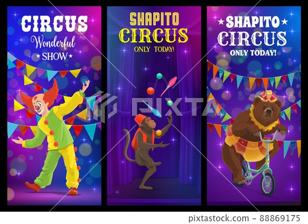 Shapito circus cartoon clown and animals. Vector banners with artists on stage. Funny performers jester, bear riding on bike and juggling monkey performing wonderful magical show on big top arena 88869175