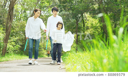 Parents and children picking up trash Environmental protection Recycling Cleaning activities Beautification campaign 88869379