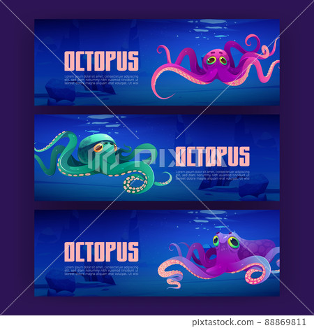 Cartoon banners with giant ocean octopuses, flyers 88869811