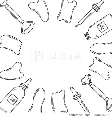 A set of trendy gua sha scrapers made of natural stone and cosmetic oil, roller massager for facial care. Vector illustration skin care concept 88870282