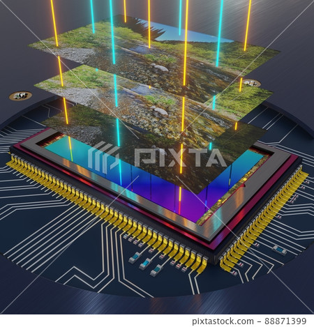 HDR photography principle explanation - normal, overexposed and underexposed image landscape layers with imaginary rays of light and digital camera sensor on printed circuit board with close-up, 3D 88871399