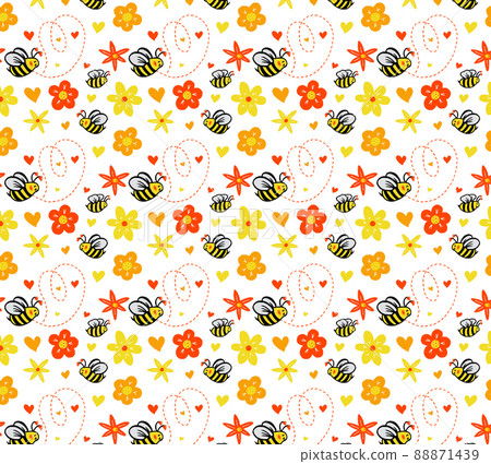 Funny Bee seamless pattern with colorful summer flowers. Hand drawn background. Funny Bee seamless pattern with colorful summer flowers. Hand drawn background. 88871439