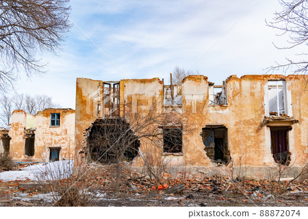 War ruins. Destroyed city after the bombing. Dead city. Bombed buildings. War ruins. Destroyed city after the bombing. Dead city. Bombed buildings. 88872074