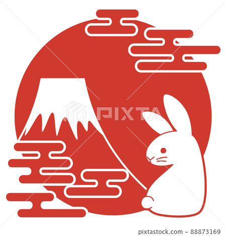 第一次日出攀登富士山和兔子郵票紅色新年賀卡新年賀卡材料白色背景 第一次日出攀登富士山和兔子郵票紅色新年賀卡新年賀卡材料白色背景 88873169