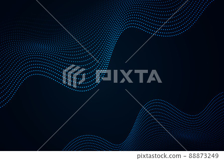 Wave in the form of an array of glowing dots. Wave abstract flow of particles.Abstract dark blue background. Wave in the form of an array of glowing dots. Wave abstract flow of particles.Abstract dark blue background. 88873249
