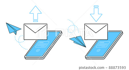 在智能手機上接收電子郵件 在智能手機上發送電子郵件 矢量插圖集。 在智能手機上接收電子郵件 在智能手機上發送電子郵件 矢量插圖集。 88873593