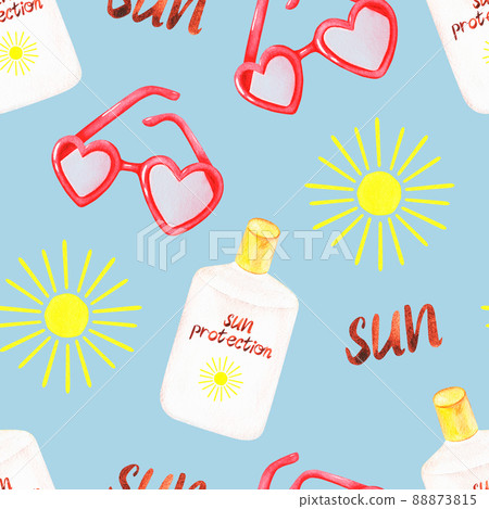 Sunscreen and sunglasses. Seamless pattern. Watercolor illustration. Isolated on a blue background. 88873815