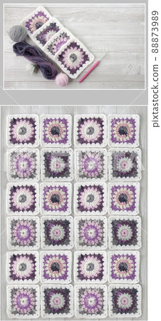 Collage of granny squares crochet in pink and purple shades 88873989