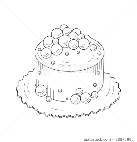 Cake decorated with balls. Sketch, outline on white background. Dessert for the design of pastry shop. 88873993
