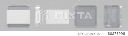 Square plastic disposable food container with transparent lid and empty white paper wrap top, side, and angle view. Realistic mockup of sushi delivery box, isolated meal lunch take away, 3d render Square plastic disposable food container with transparent lid and empty white paper wrap top, side, and angle view. Realistic mockup of sushi delivery box, isolated meal lunch take away, 3d render 88873996