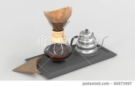 Glass coffeemaker with paper filter and silver drip kettle on black tray, angle view. Clear receptacle with wood collar and tie in shape hourglass. Alternative way brewing coffee. Realistic 3d render Glass coffeemaker with paper filter and silver drip kettle on black tray, angle view. Clear receptacle with wood collar and tie in shape hourglass. Alternative way brewing coffee. Realistic 3d render 88873997