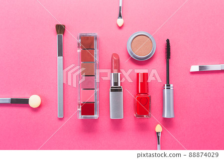 Composition with different makeup products on pink background, top view. beauty products and fashion concept. 88874029