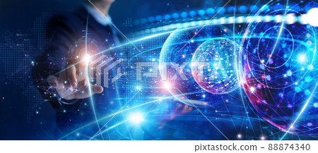 Global business network concept. Businessman touching global network and data exchanges on cyberspace, big data and technology. Global business network concept. Businessman touching global network and data exchanges on cyberspace, big data and technology. 88874340