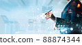 Healthcare business. Businessman analyzing graph data and growth of healthcare on network medical. Emerging disease rising growth and develop people awareness and attention on healthcare and insurance 88874344