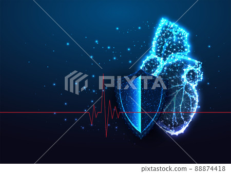 Futuristic heart protection, cardiology concept banner with glowing anatomical heart and shield 88874418