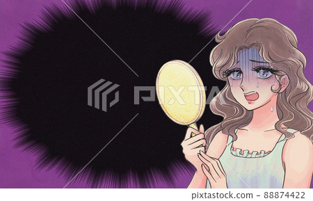 Old girl cartoon eye-catching advertisement, older sister who turns pale with a hand mirror Old girl cartoon eye-catching advertisement, older sister who turns pale with a hand mirror 88874422