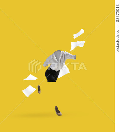 Contemporary art collage of invisible woman wearing modern business style outfit running to work on yellow background. Concept of fashion, style, creativity Contemporary art collage of invisible woman wearing modern business style outfit running to work on yellow background. Concept of fashion, style, creativity 88875018
