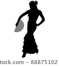 Silhouette of slender flamenco dancer in beautiful dress and fan in her hand 88875102