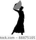 Black silhouette of slender flamenco dancer in beautiful dress and fan in her hand 88875105
