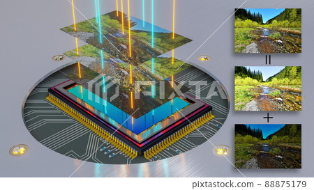 HDR photography principle explanation - normal, overexposed and underexposed image landscape layers with imaginary rays of light and digital camera sensor on printed circuit board, 3D rendering and 88875179