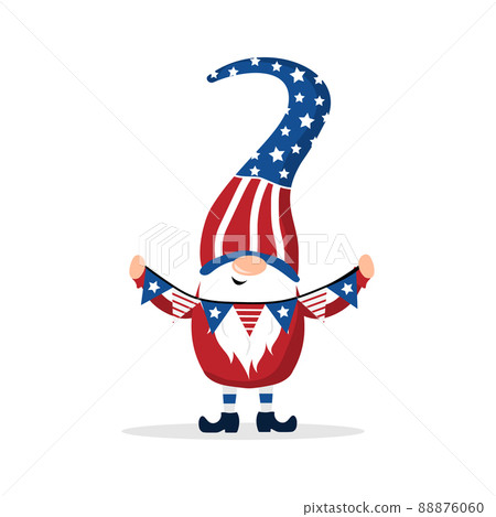 Patriotic american gnome. Cute scandinavian dwarf with garland. Elf celebrate Independence day in the United States. Happy 4th of july. Vector illustration in flat cartoon style. National freedom day Patriotic american gnome. Cute scandinavian dwarf with garland. Elf celebrate Independence day in the United States. Happy 4th of july. Vector illustration in flat cartoon style. National freedom day 88876060